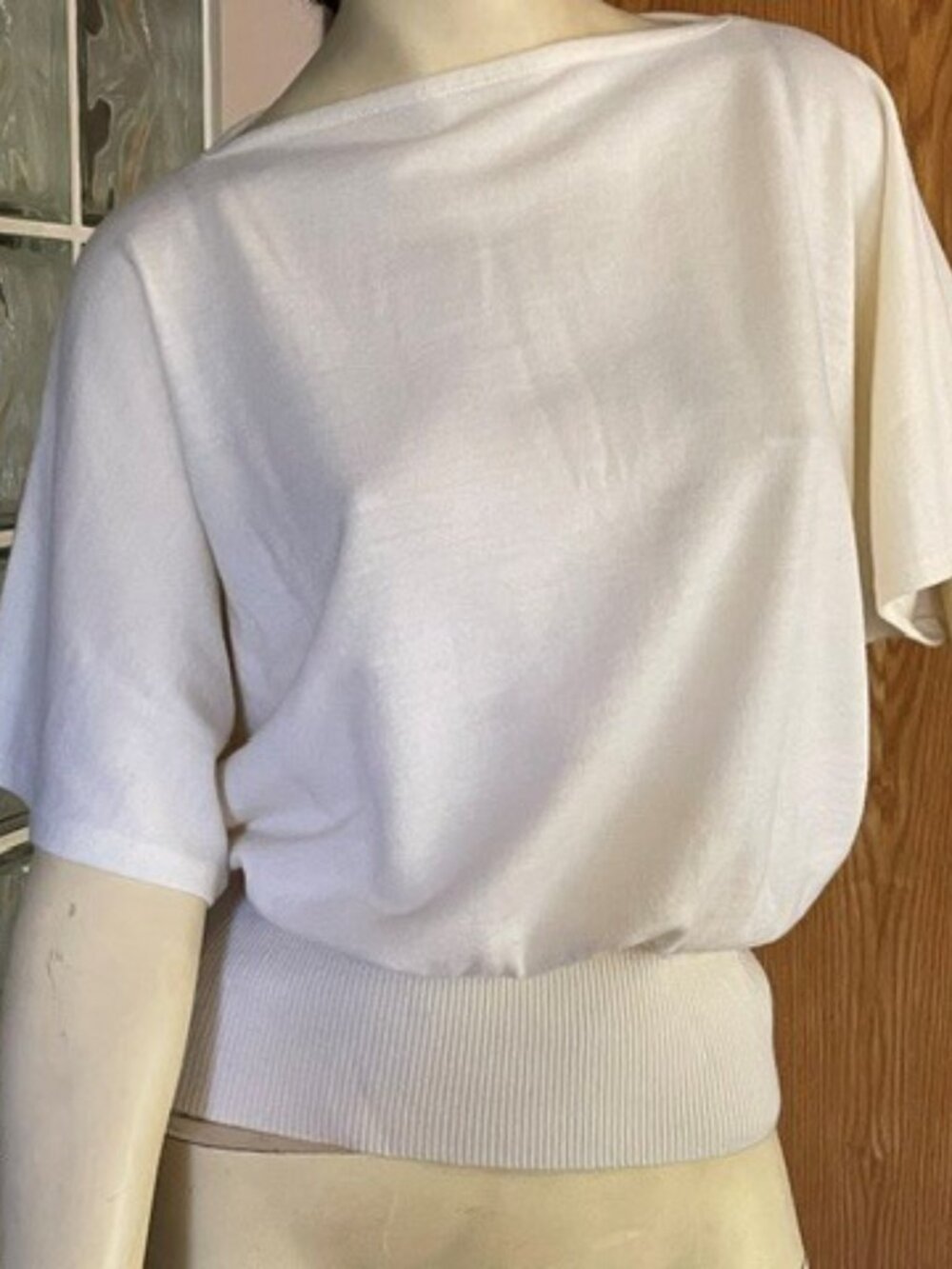 Vtg. BATWING SLEEVE KNIT SWEATER With Cinched, Ribbed Lower Waist, Boat Neckline
